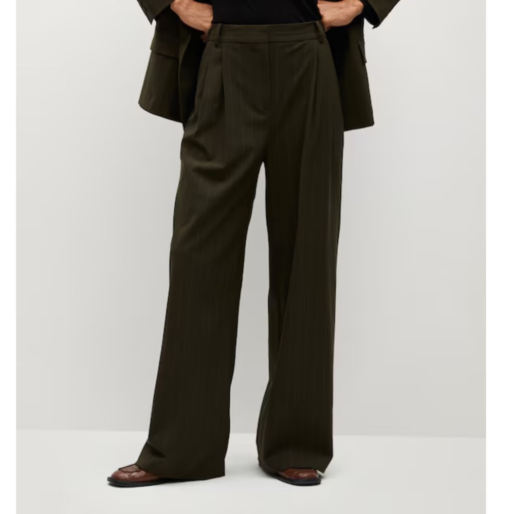 Mango Olive Green Pinstripe Wide-Leg Suit Pants